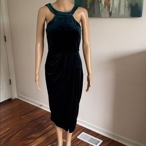 Teal Green Velvet Midi Cocktail Party Dress